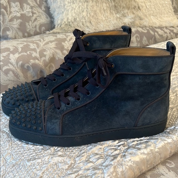 Men. Christian Laboutin Men's High-Top Sneakers in Blue Suede spikes